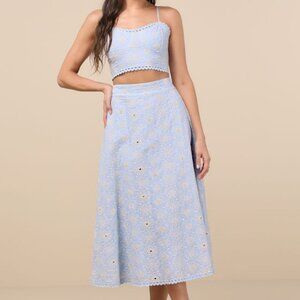 Lulus Sweet At Heart Blue Floral Embroidered Two-piece Midi Dress - Size L